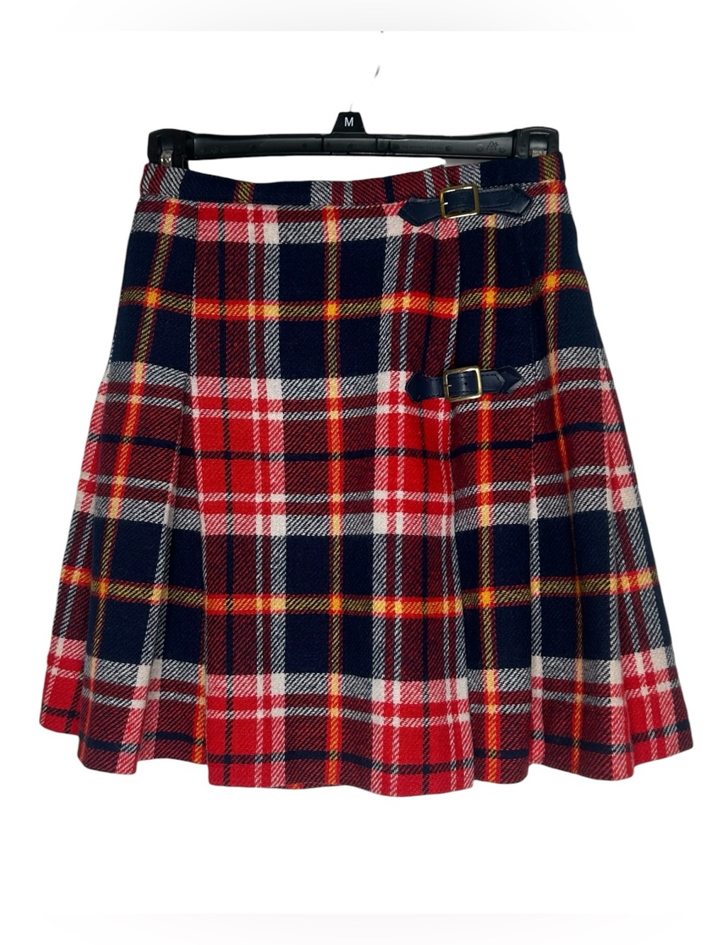 Bobbie Brooks Red Navy Plaid Skirt with Buckle Tabs Vintage 1960s Juniors Size 7